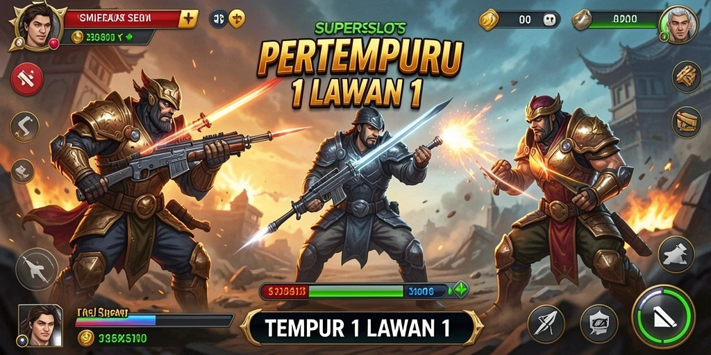 Tampilan layar pertempuran intens dalam SUPERSLOTS.